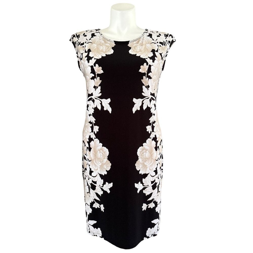 Chico’s Black Cream Floral Sleeveless Pullover Shift Dress, Women's Size 2 (L)